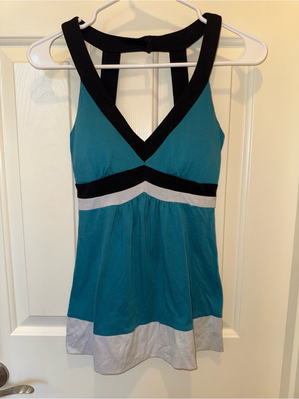 Women's Teal V-Neck Racerback Tank with Black and White Contrast